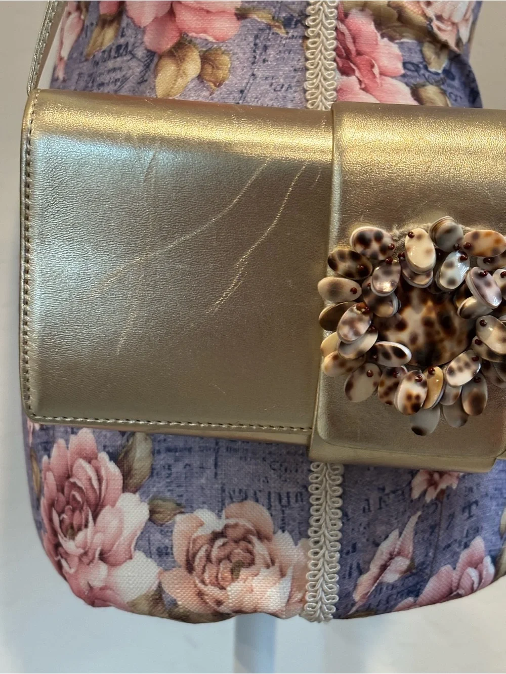 Oscar De La Renta Metallic Gold Evening Clutch with Shell Accent